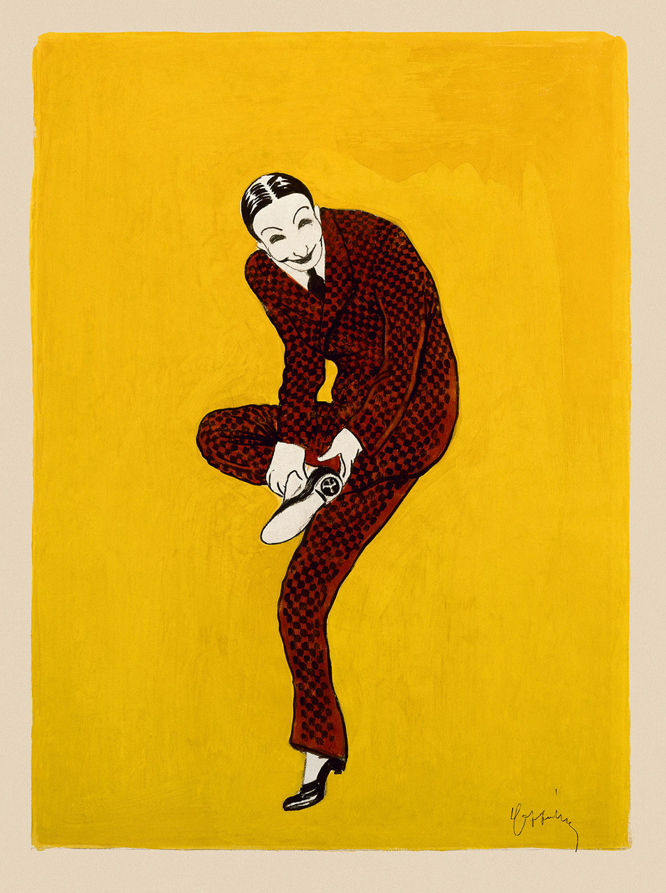 Chaussures Man Vintage Poster by Leonetto Cappiello 1905 French Shoe & Fashion Advertisement – High Quality Giclee Reproduction Fine Art Print. Featuring a sharply dressed man in a brown checkered suit opening a shoe polish tin on his raised white shoe, set against a bold yellow background.