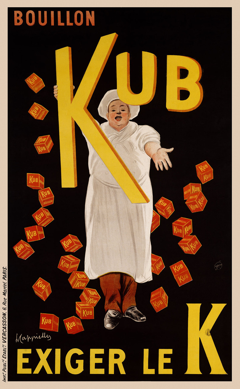 Boullon Kub Vintage Poster by Leonetto Cappiello 1911 French Bouillon Food Product Advertisement – High Quality Giclee Reproduction Fine Art Print. Featuring a cheerful chef holding a giant yellow “K” surrounded by a cascade of red and yellow bouillon cubes, set against a bold black background.