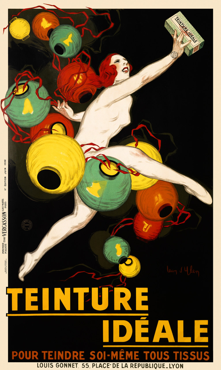 Teinture Ideale Tissus by Jean D'Ylen 1932 France Vintage Poster Reproduction. This vertical French product poster features a naked woman leaping through colorful paper lanterns holding out a box. Giclee Advertising Print. Fine Art Posters