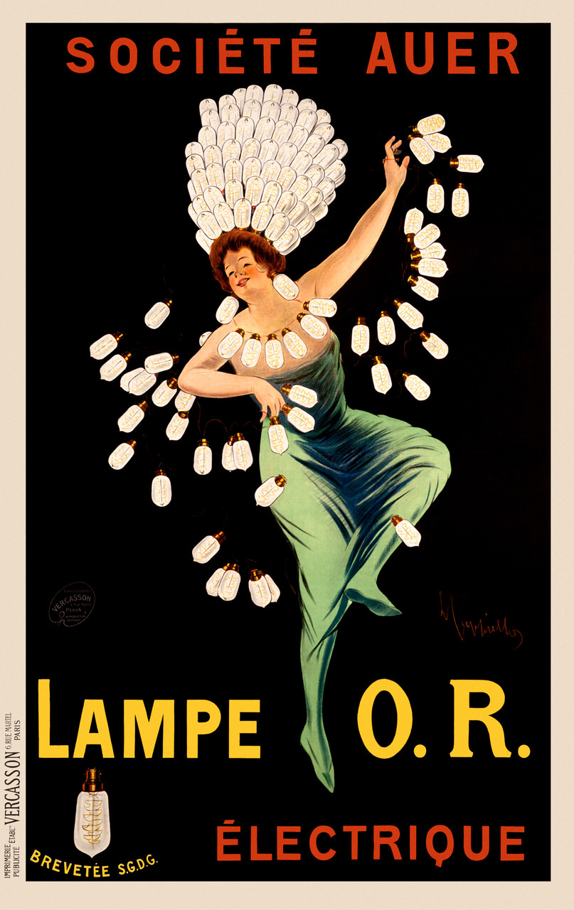 Lampe O.R. by L. Cappiello France - Beautiful Vintage Poster Reproduction. French poster features a woman draped in garland and headdress of light bulbs. She is in a green dress on a black background. Giclee advertising print. Classic posters.
