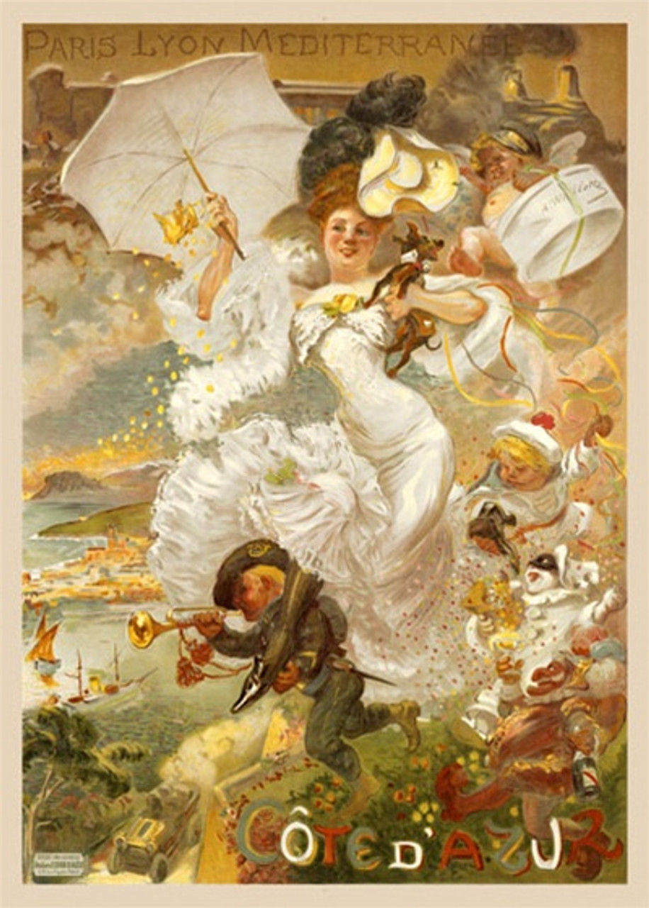 Cote d'Azur by Willette 1900 France - Beautiful Vintage Poster Reproduction. This vertical French theater and exhibition poster features a woman in white holding a dog and parasol with children around her. Giclee Advertising Print. Classic Posters