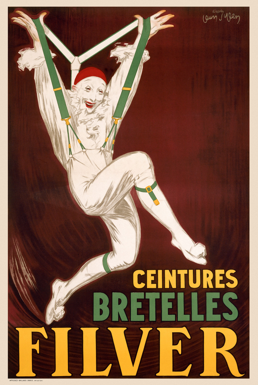 Filver Ceintures Bretelles Vintage Poster by Jean D'Ylen 1930 French Fashion & Clothing Accessories Advertisement – High Quality Giclee Reproduction Fine Art Print. Featuring a joyful clown figure leaping into the air, showcasing bright green suspenders and garters, set against a deep red textured backdrop.