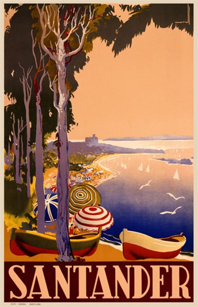 Santander 1900 France - Beautiful Vintage Poster Reproductions. This vertical French travel poster features a tree lined beach full of umbrellas and rowboats with seagulls and sailboats out at sea. Giclee Advertising Print. Classic Posters