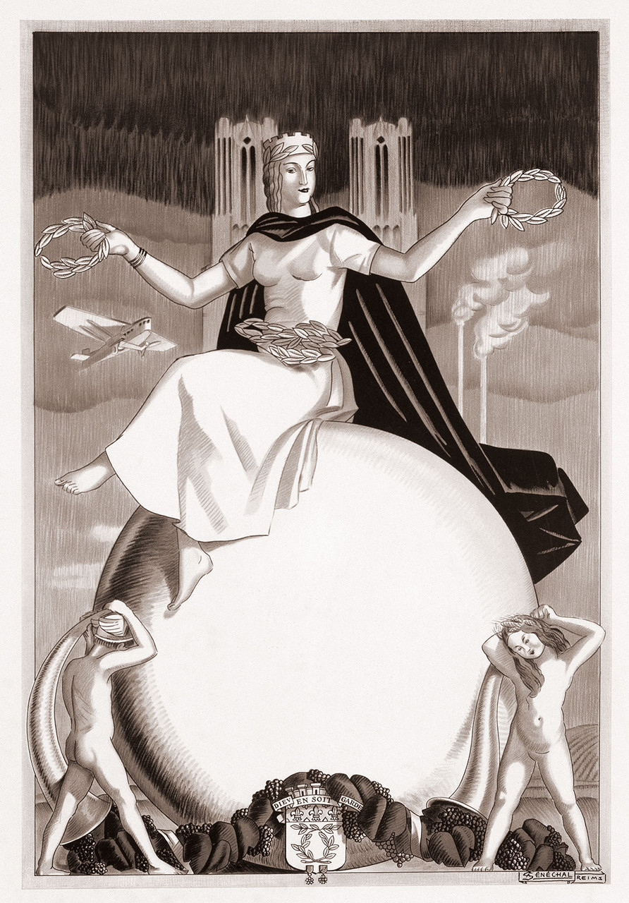 Wine Queen Vintage Poster by Senechal 1925 French Wine & Spirit Advertisement – High Quality Giclee Reproduction Fine Art Print. Featuring a regal female figure draped in a cape and seated on a globe, holding laurel wreaths in both hands, with two nude children supporting the sphere, an airplane flying behind her, and factory smokestacks rising in the background.