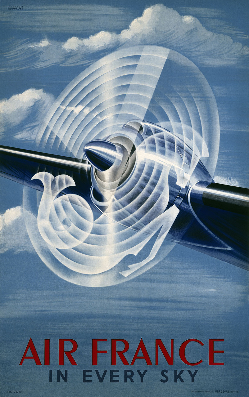 Air France In Every Sky Vintage Poster by Perceval 1950 French Travel & Airplane Advertisement – High Quality Giclee Reproduction Fine Art Print. Featuring a sleek airplane propeller mid spin, with concentric motion lines radiating outward, set against a sky blue background with softly brushed clouds.