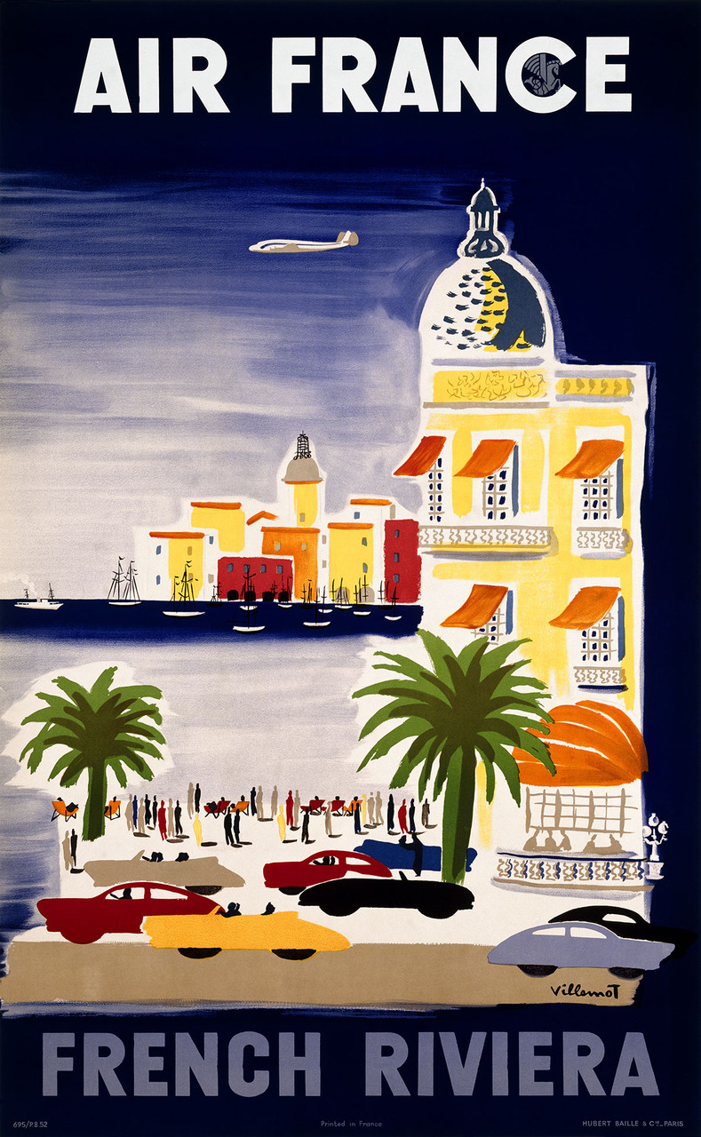 Air France French Riviera Poster by Bernard Villemot 1952 Vintage French Travel & Airlines Advertisement – High Quality Giclee Reproduction Fine Art Print. Featuring a whimsical seaside scene with palm trees, cars and fashionable beachgoers, along a sunny boulevard with a yellow domed hotel and a plane soaring overhead, set against a deep blue coastal background.
