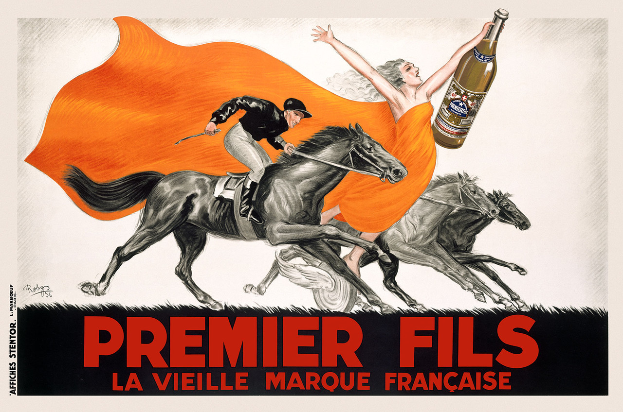 Premier Fils Aperitif Vintage Poster by Robys (Robert Wolff) 1936 French Wine & Spirits Advertisement – High Quality Giclee Reproduction Fine Art Print. Featuring a dramatic horse race scene with a jubilant woman in a flowing orange dress holding a bottle of Premier Fils galloping beside a jockey in motion with a neutral background. Horizontal poster.