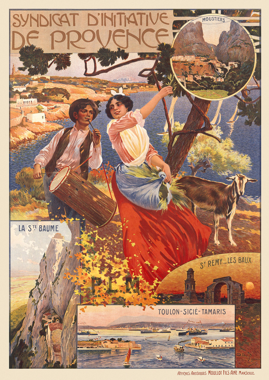 Syndicat D'Initiative de Provence Vintage Poster by Dellepiane 1905 French Travel Advertisement – High Quality Giclee Reproduction Fine Art Print. Featuring a Provençal couple dancing with a drum and a goat nearby with scenic vignettes of the Provence region in the background.