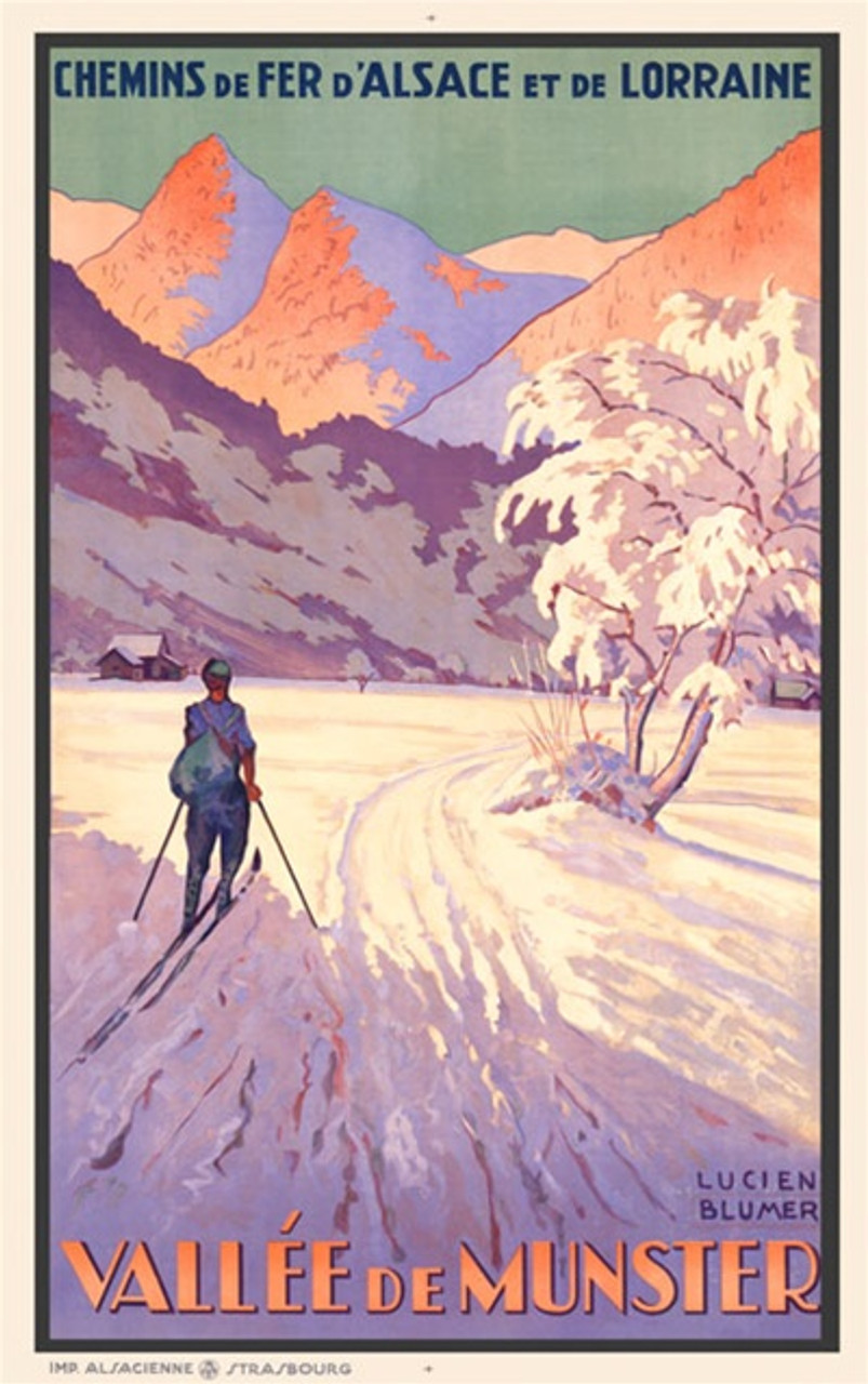Vallee de Munster by Blumer 1920 France - Vintage Poster Reproductions. This French travel poster features a cross country skier in a snowy valley surrounded by purple mountains with a house in the distance. Giclee Advertising Print. Classic Posters
