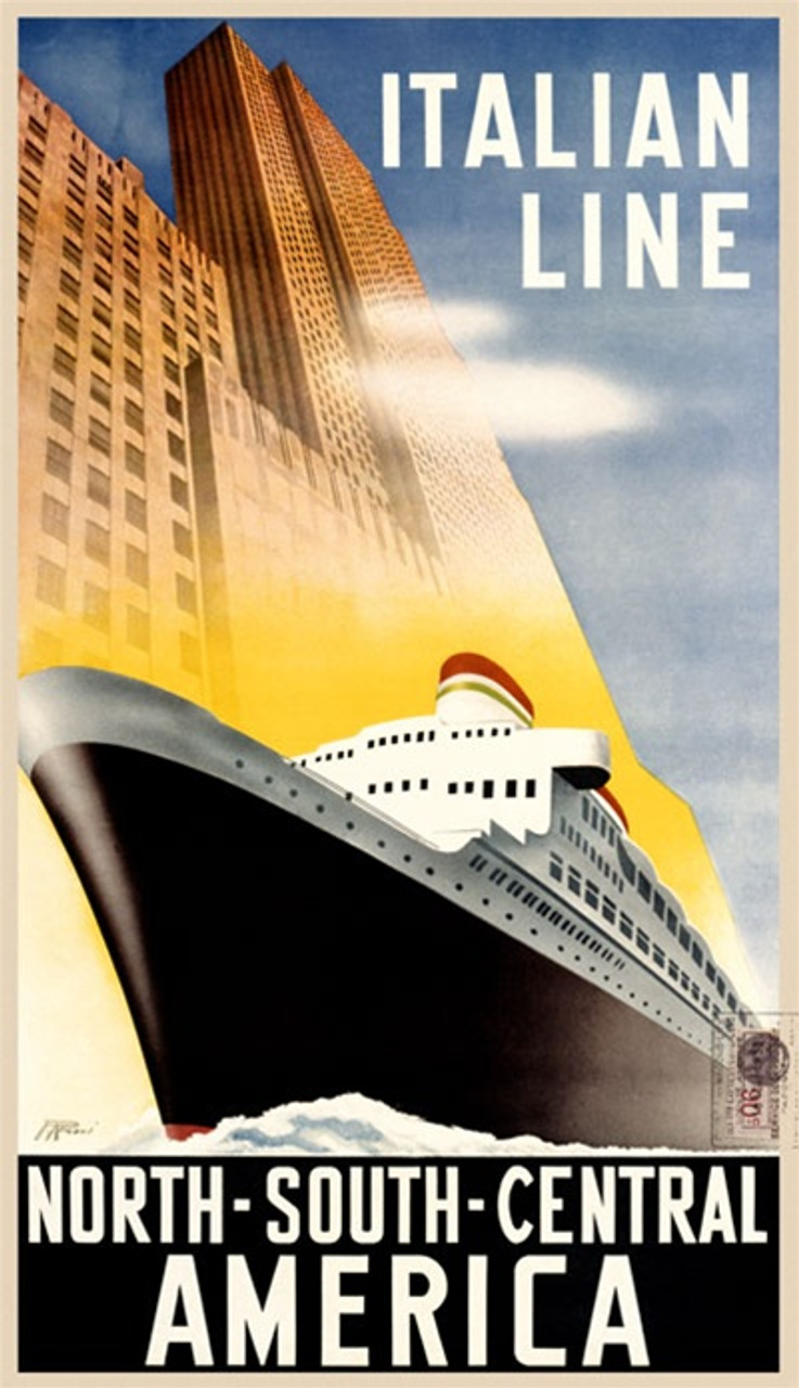 Italian Line 1926 Italy - Beautiful Vintage Poster Reproductions. This vertical Italian travel poster features a cruise ship moving through the water right next to a tall building against blue skies. Giclee Advertising Print. Classic Posters
