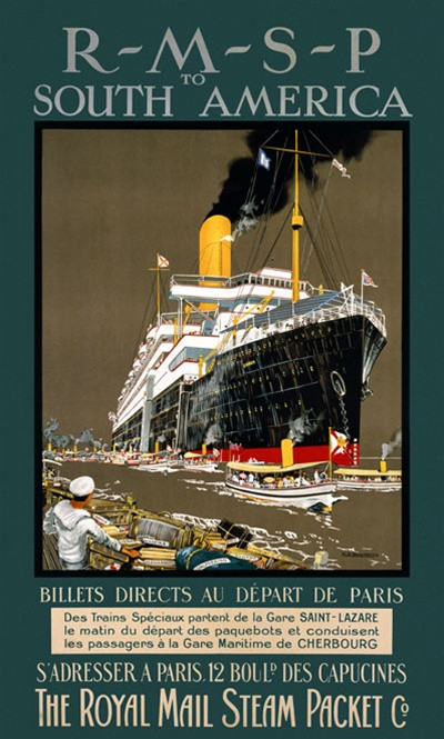 RMSP to South America Vintage Poster 1910 English Travel & Transportation Advertisement – High Quality Giclee Reproduction Fine Art Print. Featuring a grand Royal Mail Steam Packet ocean liner docked at port, with tugboats and a sailor in the foreground observing the bustling harbor activity, set against a muted brown sky and deep green border.