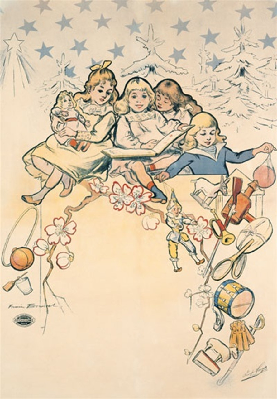 Toys by Boussiet 1900 France - Vintage Poster Reproductions. This French product poster features a group of girls playing with their toys, dolls, instruments and reading a book with trees and star behind them. Giclee Advertising Print. Classic Posters