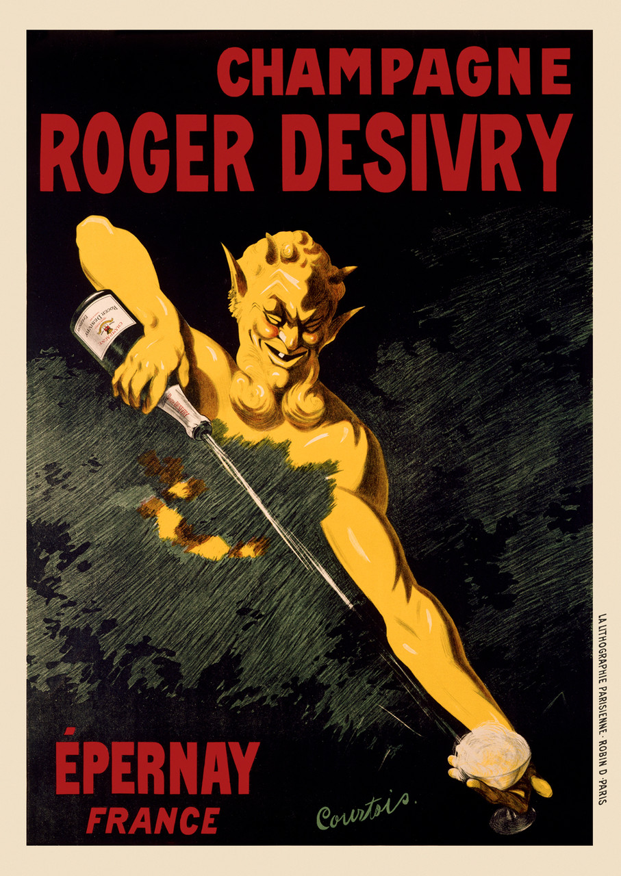 Champagne Roger Desivry Vintage Poster by R. Courtois 1930 French Wine & Spirits Advertisement – High Quality Giclee Reproduction Fine Art Print. Featuring a mischievous yellow devil pouring champagne from a bottle into a foaming glass, with a devilish grin and glowing eyes, set against a dark textured black-green background.