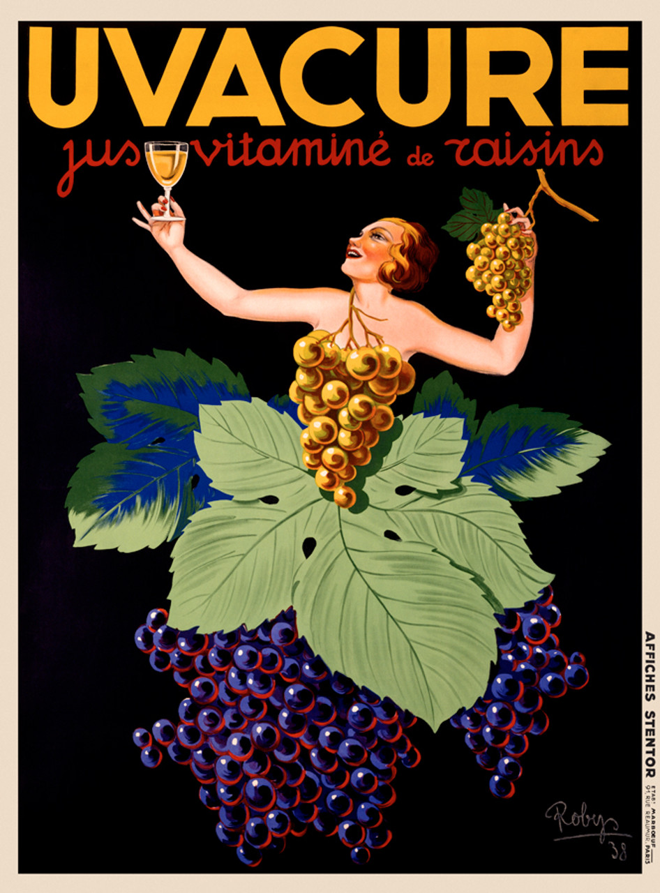 Uvacure jus vitamine de raisins Vintage Poster by Robys (Robert Wolff) 1938 French Juice & Beverage Advertisement – High Quality Giclee Reproduction Fine Art Print. Featuring a joyful woman emerging from grape leaves and vines, holding a glass of grape juice and a golden bunch of grapes, set against a bold black background.