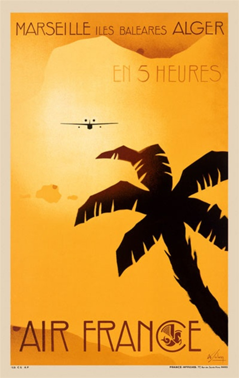 Air France by Solon 1938 France - Beautiful Vintage Poster Reproductions. This vertical French travel poster features the silhouette of a palm tree and plane on a yellow sky. Giclee Advertising Print. Classic Posters