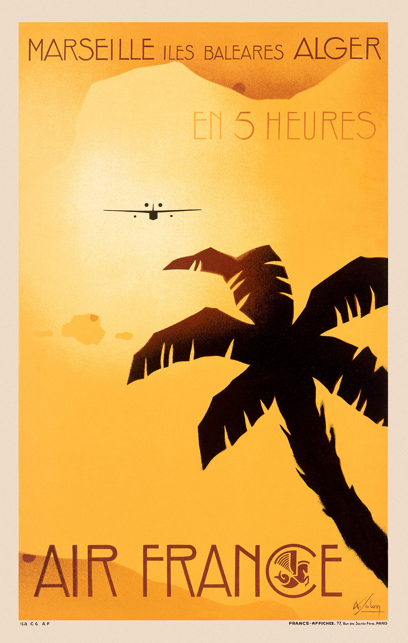 Air France Marseille Iles Baleares Alger en 5 Heures Poster by A. Solon 1934 French Travel and Airline Advertisement – High Quality Giclee Reproduction Fine Art Print. Featuring a stylized airplane flying above a silhouetted palm tree, with distant islands and bold typography, set against a sunset background.