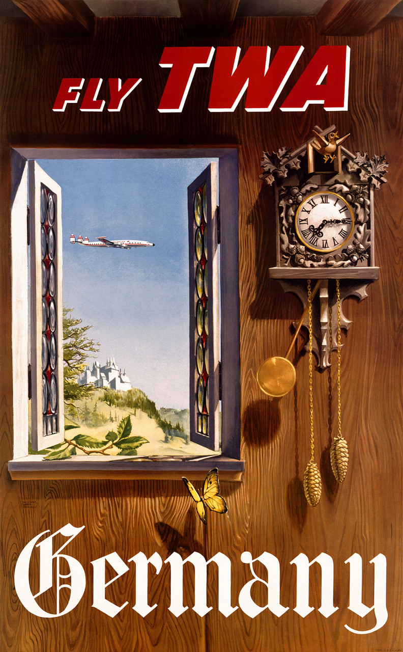 Fly TWA Germany Vintage Poster by William Ward Beecher 1958 American Travel and Airline Advertisement – High Quality Giclee Reproduction Fine Art Print. Featuring a scenic open window with a TWA airplane flying past a distant castle, and a traditional German cuckoo clock hanging on a wood paneled wall.
