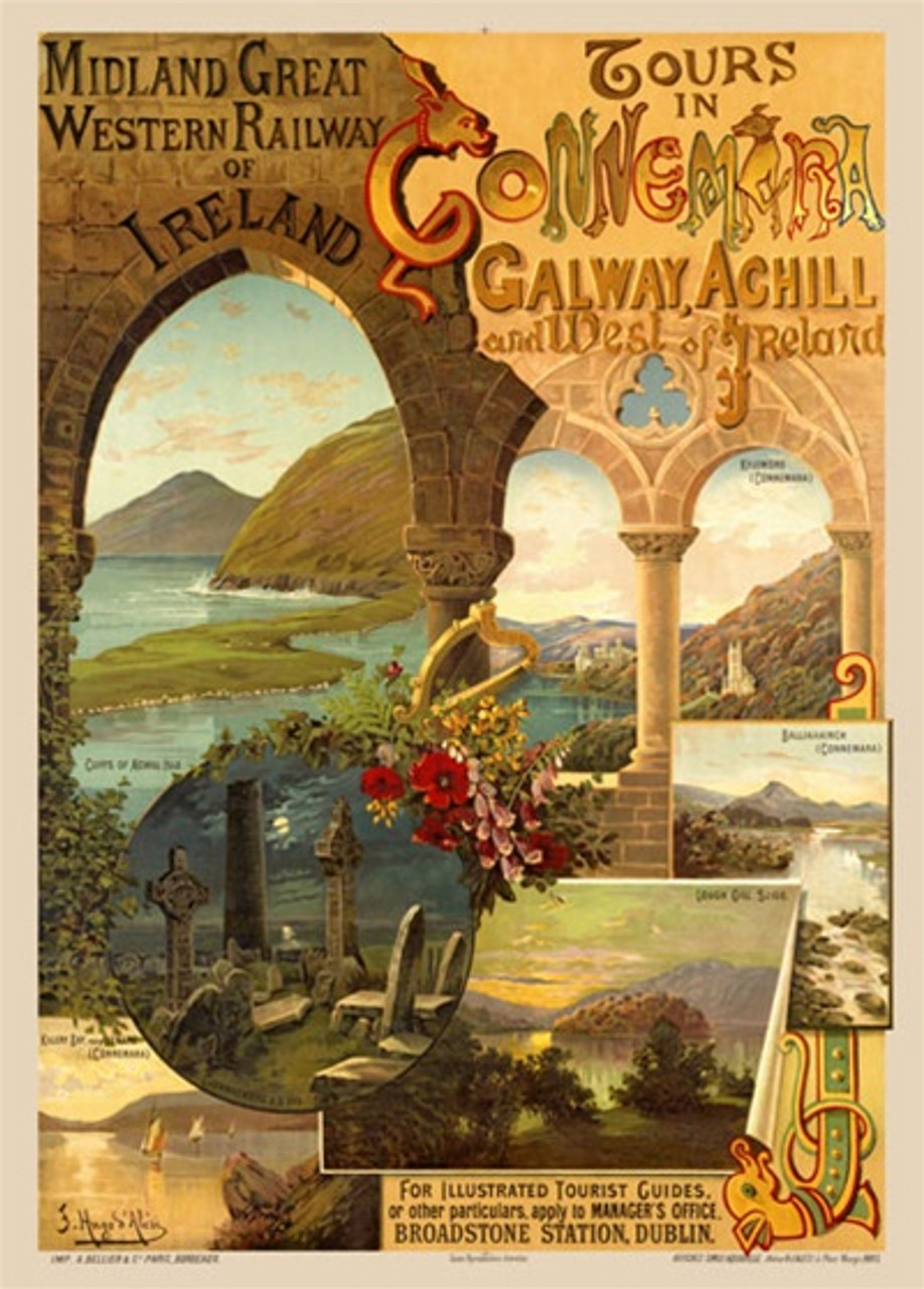 Tours in Connemara by H.D. Alesi 1905 France - Beautiful Vintage Poster Reproductions. This vertical French travel poster features scenes of different locations with stone arches, cemetery and ocean views. Giclee Advertising Print. Classic Posters
