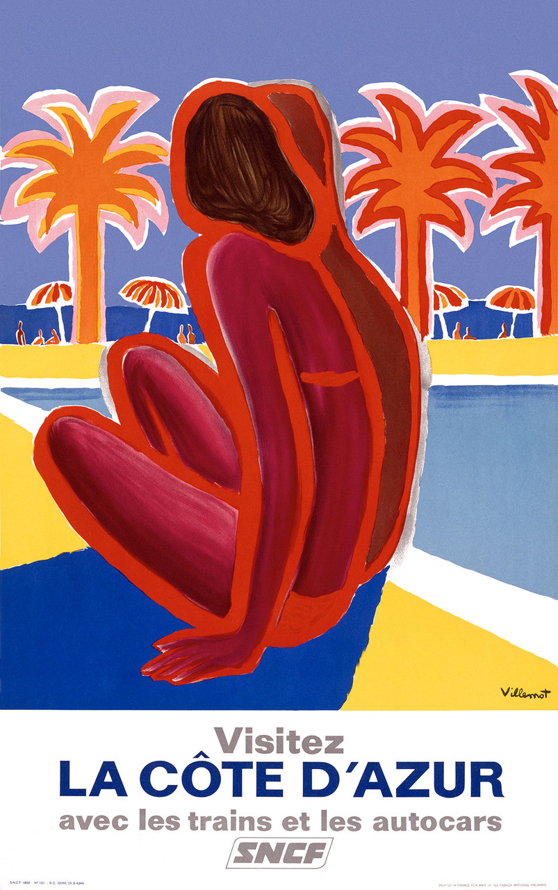 La Cote d'Azur Vintage Poster by Bernard Villemot 1968 French Travel by Train or Car Ad - High Quality Giclee Reproduction Fine Art Print. Featuring a red figure of a woman sitting on a beach with vibrant palm trees and parasols in the background, set against a bold, colorful design.