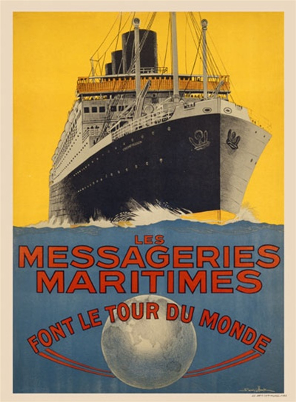 Les Messageries Maritimes by Hook 1920 France - Beautiful Vintage Poster Reproductions. This vertical French travel poster features a ship coming towards us on the blue ocean and a yellow sky. Giclee Advertising Print. Classic Posters