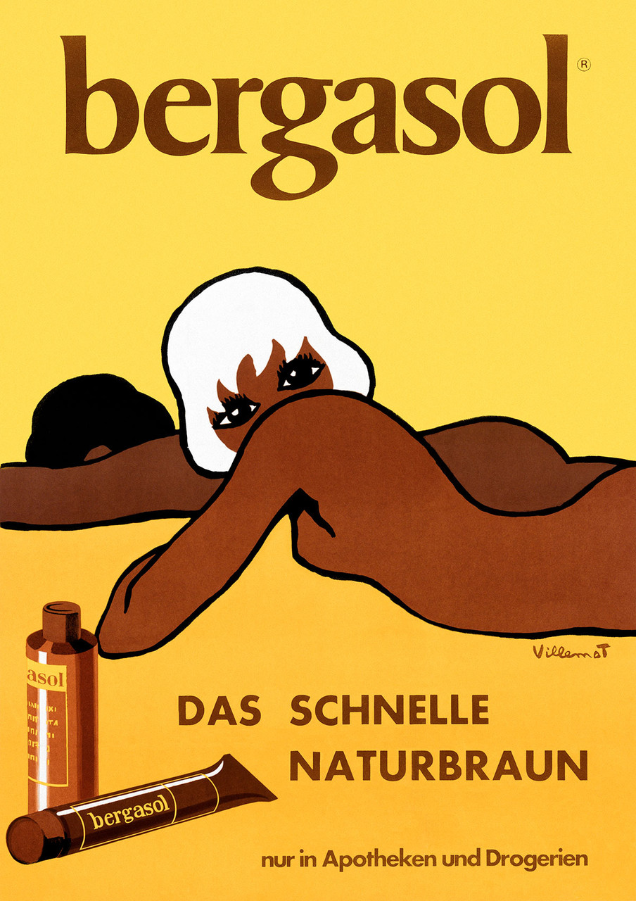 Bergasol Vintage Poster by Bernard Villemot 1958 French Tanning Lotion Advertisement – High Quality Giclee Reproduction Fine Art Print. Featuring an illustration of a woman with white hair lying on her stomach, with a man behind her, and a bottle of Bergasol tanning lotion, against a bold yellow background.