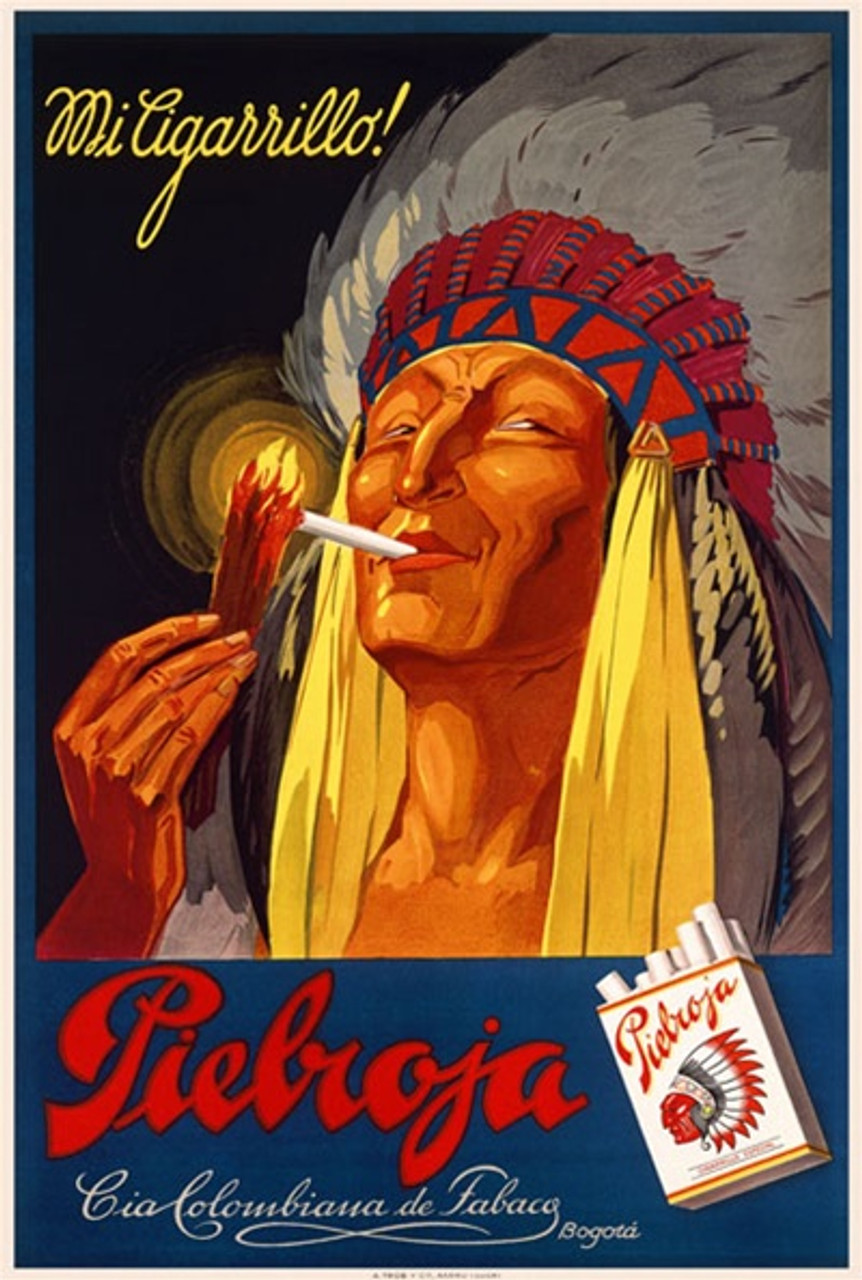 Pielroja Vintage Poster 1930 Swiss Cigarette & Tobacco Advertisement – High Quality Giclee Reproduction Fine Art Print. Featuring a smiling Native American man with a feathered headdress smoking a cigarette, against a vibrant dark blue background.