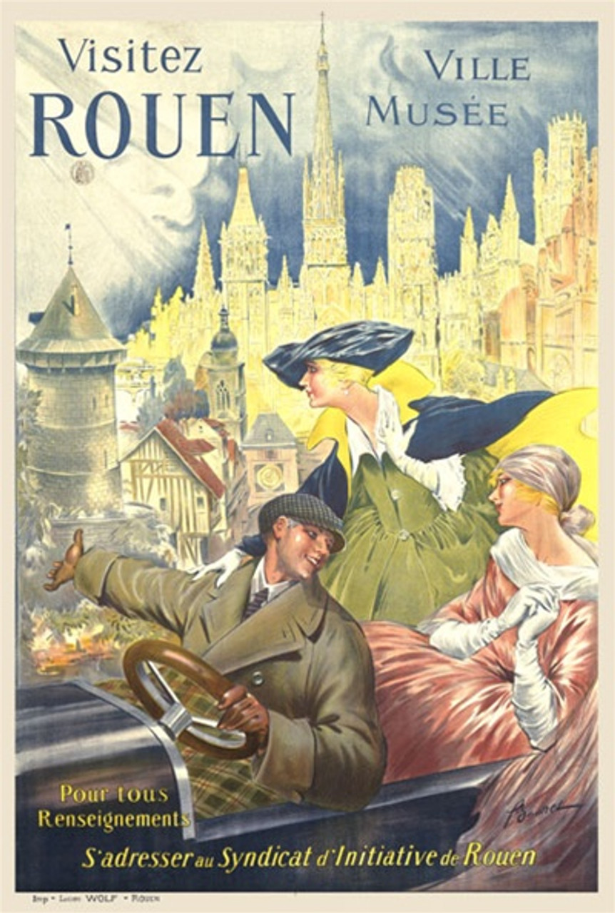 Visitez Rouen 1912 France - Beautiful Vintage Poster Reproductions. This vertical French travel poster features a man driving two women in a car pointing out the view of the castle and steeples on the town. Giclee Advertising Print. Classic Posters