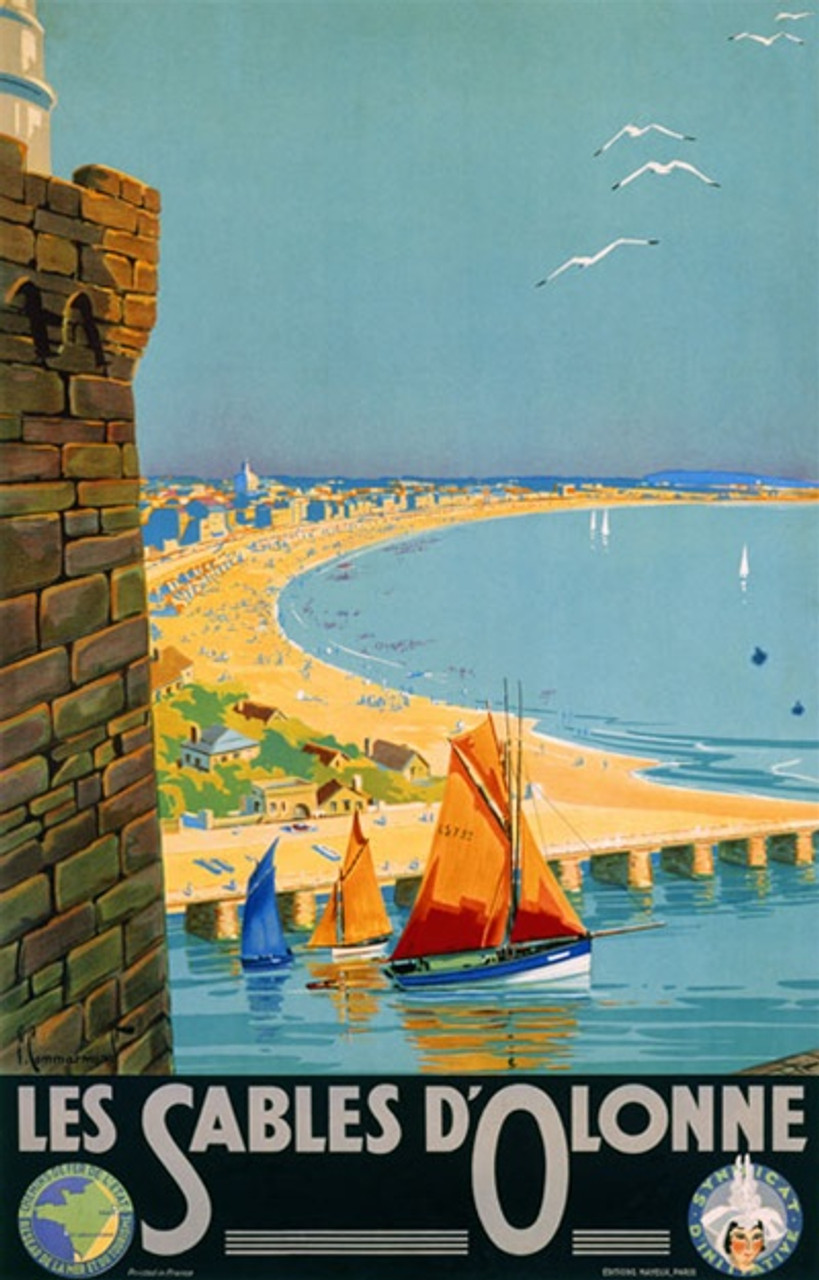 Les Sables d'Olonne by Commarmond 1928 France - Beautiful Vintage Poster Reproductions. This vertical French travel poster features a coastline of a beach along a bay with a stone tower to the left and sailboats up front. Giclee Advertising Print. Classics