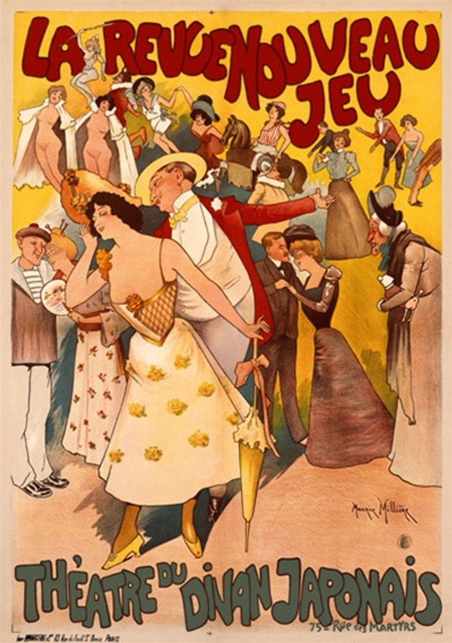 Theatre du Divan Japonais 1900 France - Beautiful Vintage Poster Reproductions. This vertical French theater and exhibition poster features 3 couples in front of a crowd of performers, dancers, horse back rider. Giclee Advertising Print. Classic Posters
