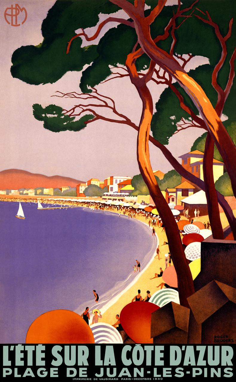 La Cote D'Azur by Roger Broders 1930 France - Vintage Poster Reproductions. This French travel poster features a coastal beach lined with umbrellas and homes seen through the trees with a few sailboats on the water. Giclee Advertising Print. Classic Posters