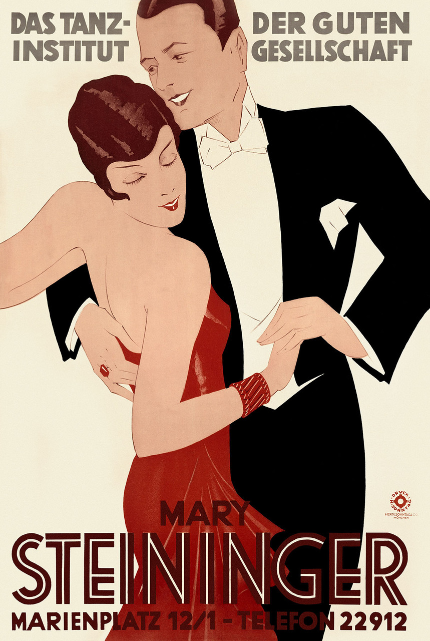 Tanzstudio Mary Steininger Vintage Poster by 1930 German Dance & Entertainment Event Advertisement – High Quality Giclee Reproduction Fine Art Print. Featuring a couple dancing gracefully, the woman in a red dress and the man in a tuxedo, set against a cream colored background with bold text.