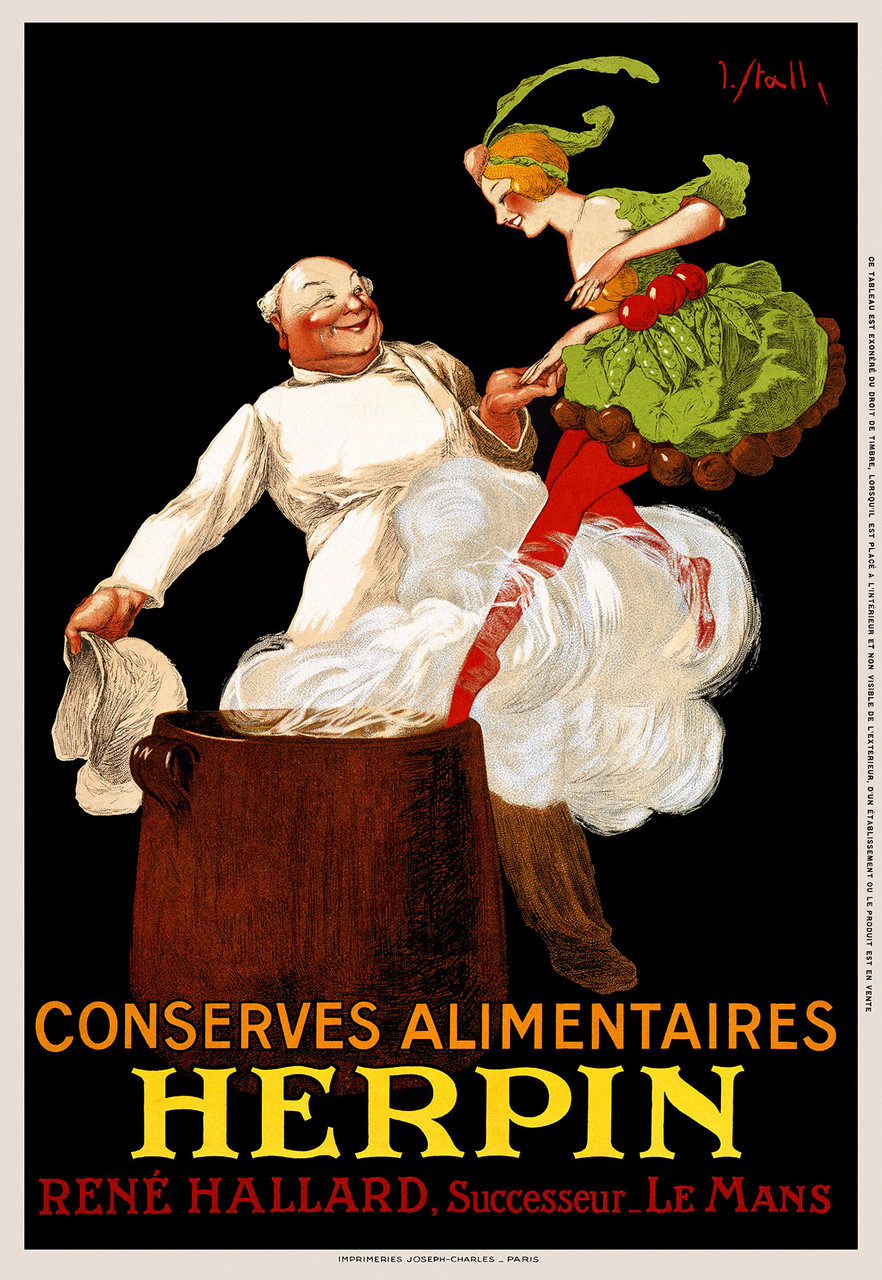 Conserves Herpin Vintage Poster by Joseph Stall 1925, French Canned Food Advertisement – High Quality Giclee Reproduction Fine Art Print. Featuring a cheerful chef lifting a cloth above a pot, with a woman in a colorful, fruit-inspired costume, playfully engaging with him, set against a  black background.