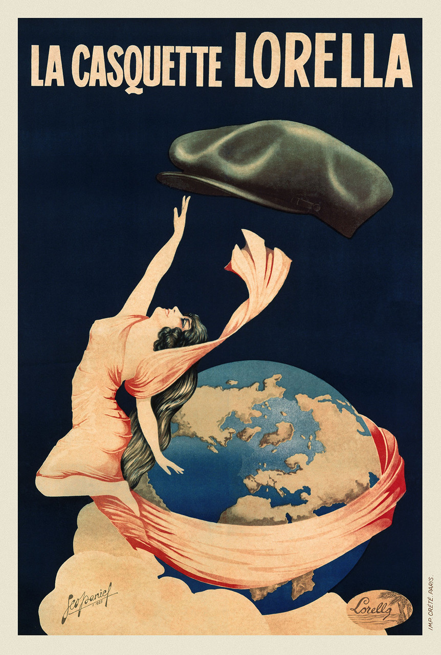 Lorella Vintage Poster 1925 French Hats & Caps Advertisement – High Quality Giclee Reproduction Fine Art Print. Featuring a dynamic image of a woman gracefully stretching toward a floating cap, with the world in the background, symbolizing the global reach and elegance of Lorella's stylish caps.
