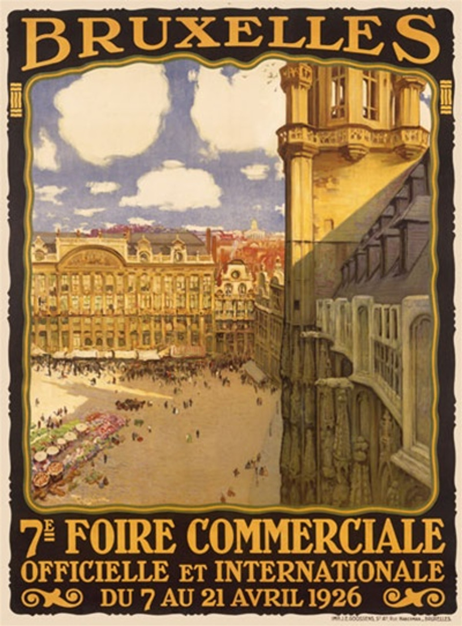 Bruxelles 7E Foire by Toussant 1926 Belgium - Vintage Poster Reproductions. This vertical Belgian travel poster features a city center courtyard surrounded by large, old buildings and blue sky with puffy clouds. Giclee Advertising Print. Classic Posters