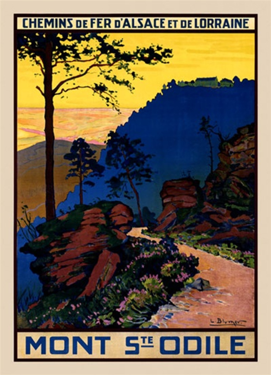 Mont St Odile 1925 France - Beautiful Vintage Poster Reproductions. This vertical French travel poster features a scenic view of a path through the hills at sunset with trees in silhouette and a house on the top. Giclee Advertising Print. Classic Posters