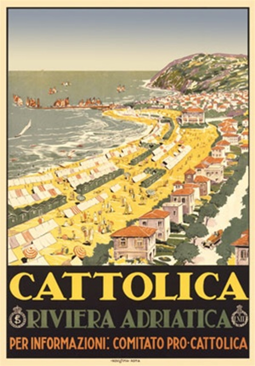 Cattolica 1925 Italy - Beautiful Vintage Poster Reproductions. This vertical Italian travel poster features a coast lined with a beach full of people and homes just behind the sand. Giclee Advertising Print. Classic Posters