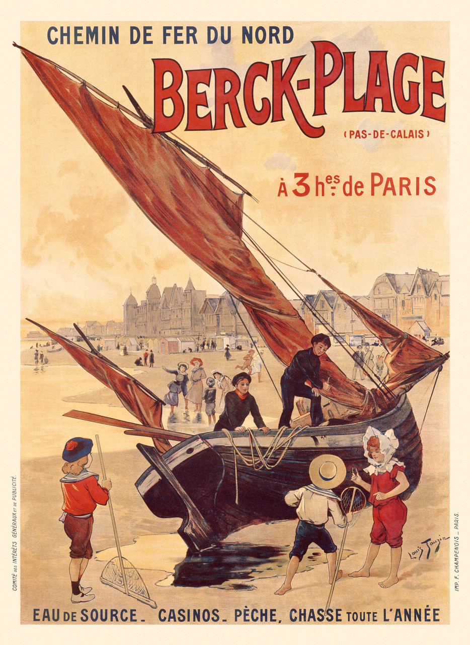 Berck-Plage Chemin De Fer Du Nord 1900 France - Beautiful Vintage Poster Reproduction. This vertical French travel poster features a beached sailboat with 2 sailors and red sails surrounded by children playing in the sand. Giclee Advertising Print. Classic Posters