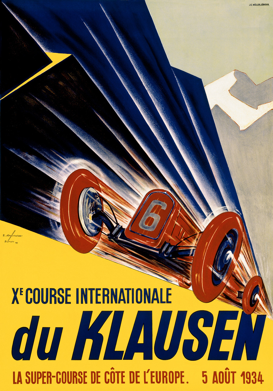 Du Klausen 1934 Switzerland  Vintage Poster Reproduction. This  Swiss transportation poster features a red race car, number 6, racing towards us on a yellow road. Giclee Advertising Print. Classic Posters
