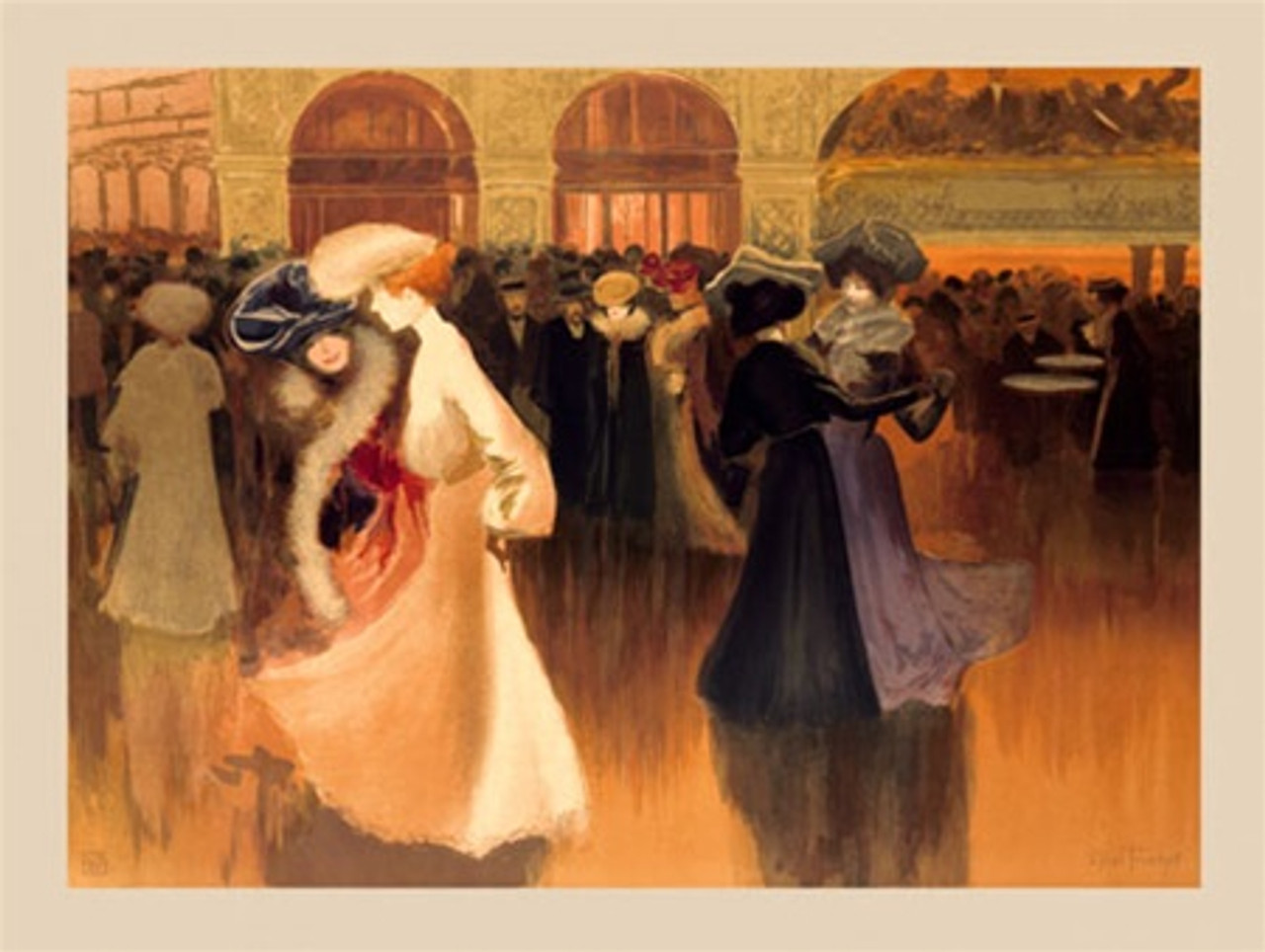 Ses Danseuses by Truchet 1898 France - Vintage Poster Reproductions. This horizontal French theater and exhibition poster features two pairs of women dancing together at a party near a crowd of other guests. Giclee Advertising Print. Classic Posters