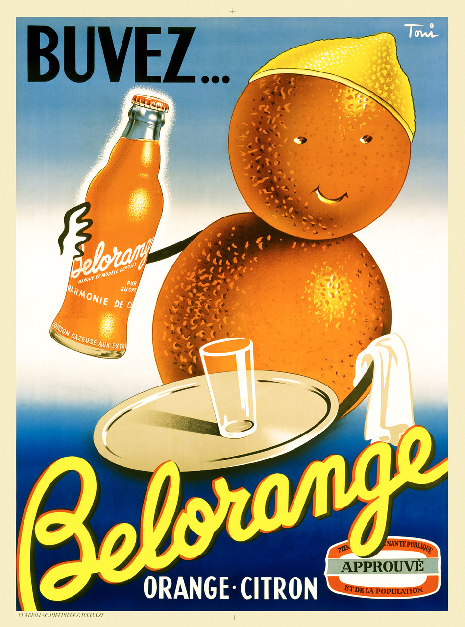 Belorange Gazeuse by Toni 1938 France Vintage Poster Reproduction. This vertical French culinary / food poster features a man made of oranges with lemon hat holding a tray with a glass and bottle. Giclee Advertising Print. Classic Posters. Orange Citron Soda.