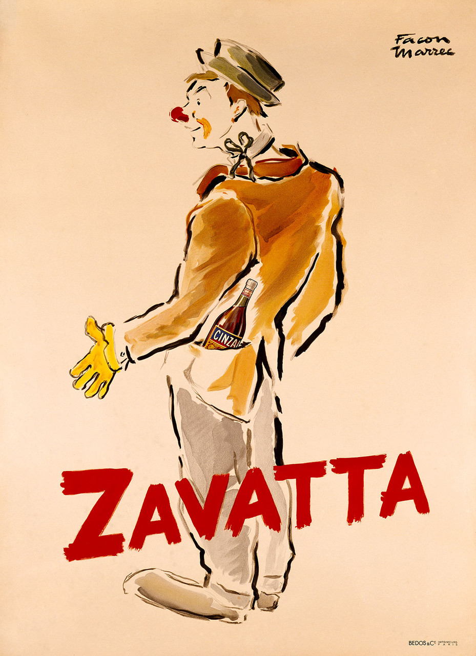 Zavatta Vintage Poster 1925 by Jean Facon-Marrec. French Wine & Spirits Advertisement – High Quality Giclee Reproduction Fine Art Print. Featuring a playful illustration of a Tunisian clown with a red nose and a Cinzano bottle tucked in his coat, set against a minimalist cream background with expressive brush strokes.