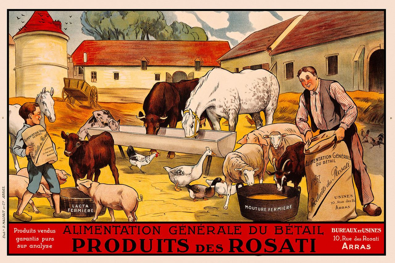 Produits Rosati Vintage Poster 1920 French Animal Feed & Agriculture Advertisement – High Quality Giclee Reproduction Fine Art Print. Featuring a cheerful farmyard scene with various animals -cows, pigs, goats, chickens, ducks, and horses - being fed by a smiling farmer and young boy, set against the backdrop of red roofed farm buildings and a bright, partly cloudy sky. Horizontal poster.
