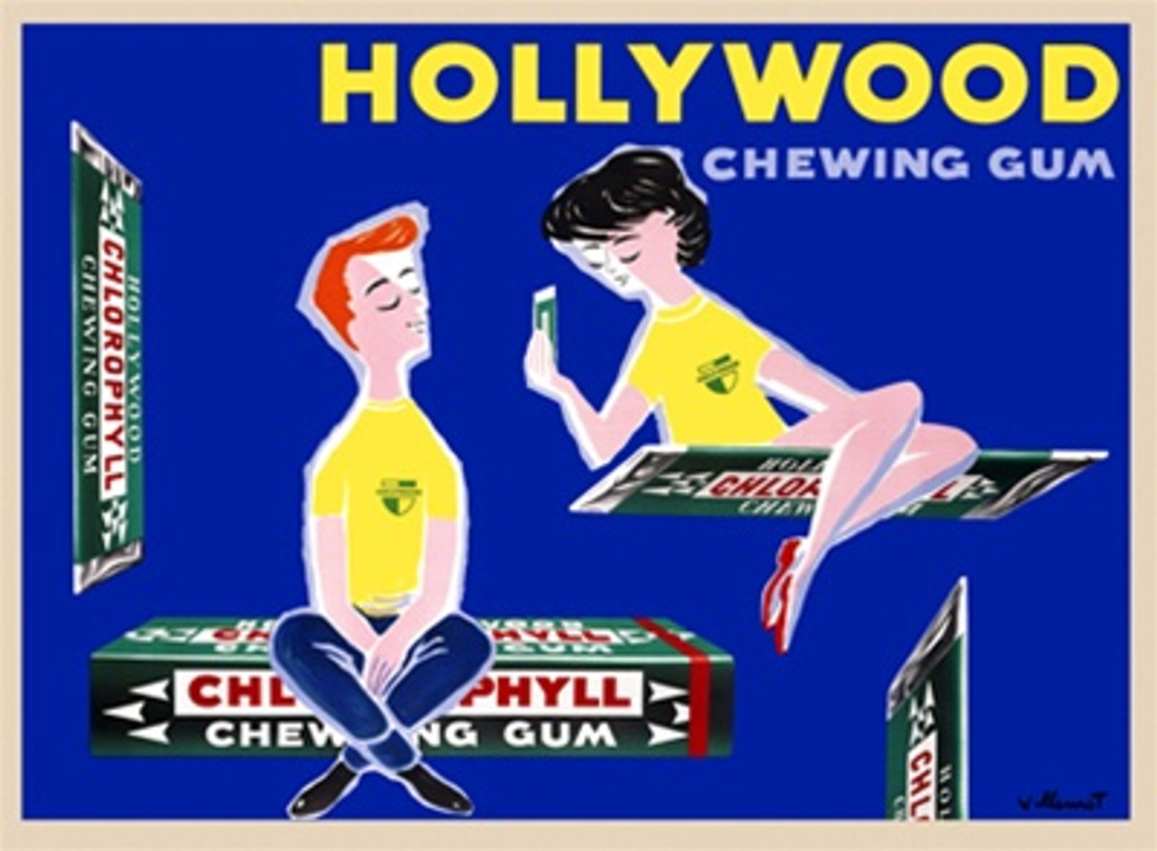 Hollywood chewing gum by Villemot 1956 France - Vintage Poster Reproductions. This horizontal food poster features floating packs of gum with a man and woman sitting on them against blue background. Giclee Advertising Print. Classic Posters