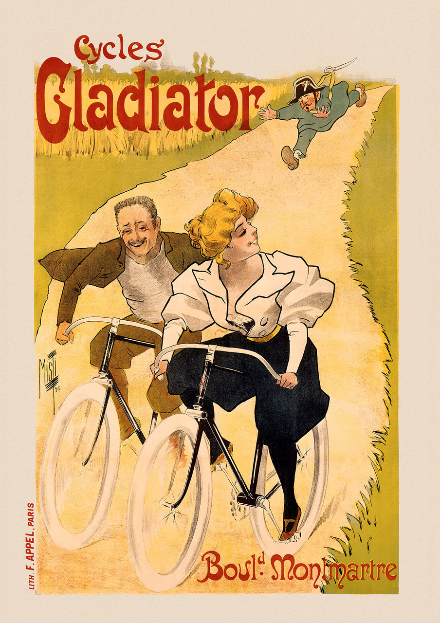 Cycles Gladiator Vintage Poster by Misti 1895 French Bicycle & Transportation Advertisement – High Quality Giclee Reproduction Fine Art Print. Featuring a stylish woman and smiling man riding bicycles side by side along a winding path, as a surprised gendarme is sent flying in the background, set against a soft countryside backdrop.