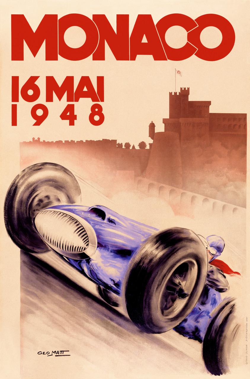 Monaco Mai 1948 Vintage Poster by Geo Matt 1948 French Automotive & Racing Advertisement – High Quality Giclee Reproduction Fine Art Print. Featuring a dramatic low-angle view of a sleek blue race car with exaggerated tires speeding through the streets of Monaco, with the historic Prince’s Palace silhouetted in the soft red mist behind.