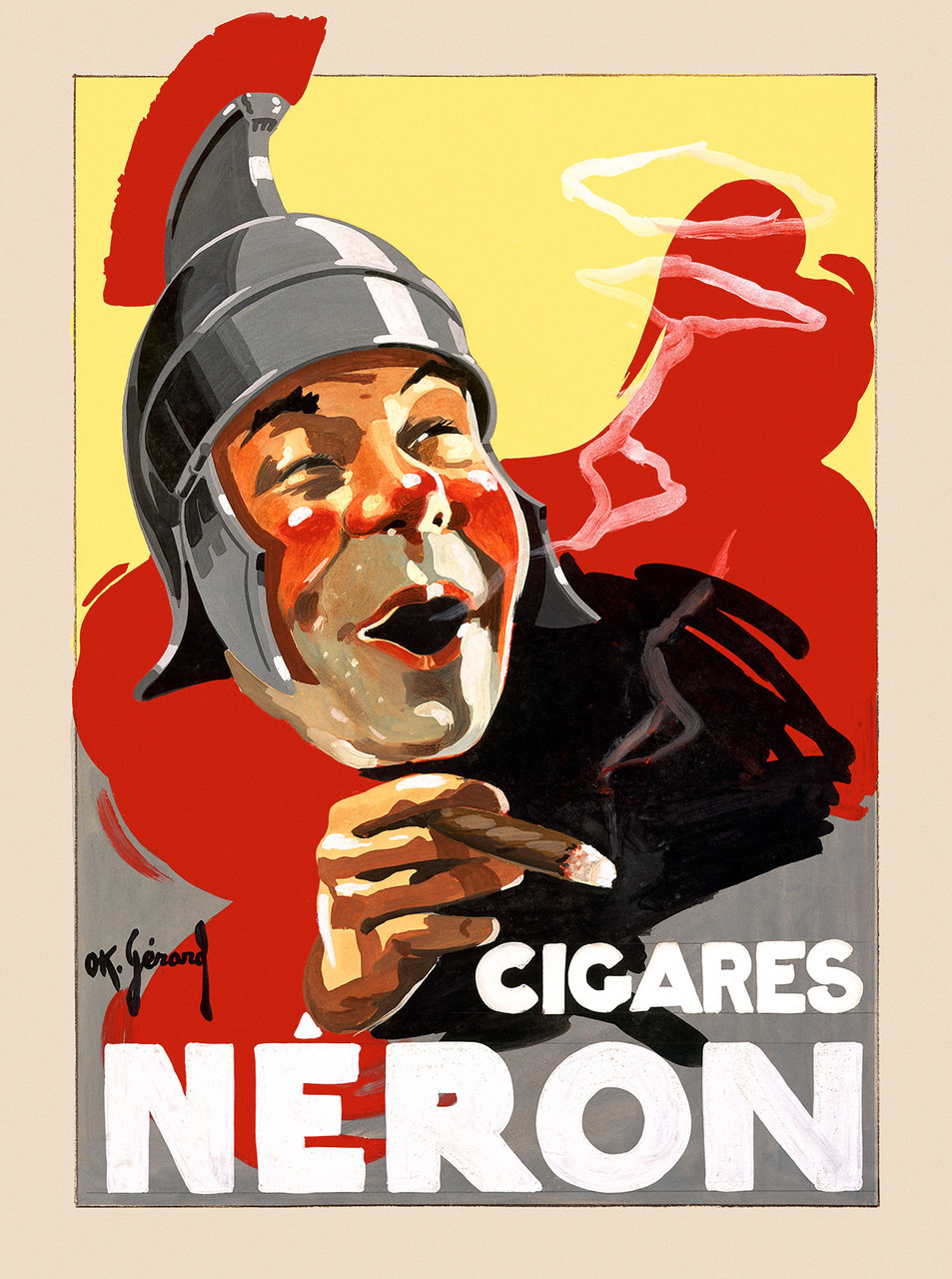 Neron Cigar Vintage Poster by O.K. Gerard 1925 French Tobacco & Cigar Advertisement – High Quality Giclee Reproduction Fine Art Print. Featuring a smiling man in a Roman-style helmet enjoying a cigar, with smoke swirling against a bold red silhouette on a bright yellow background, framed by playful contrast and expressive brushwork.