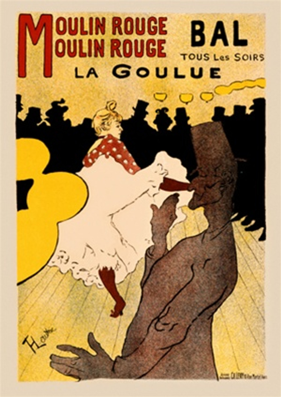 Moulin Rouge Moulin Rouge poster by Lautrec - Vintage Poster Reproductions. French theater poster features a dancer kicking up her skirt in front of a crowd of men in silhouette and one in front. Giclee Advertising Prints. Classic Posters