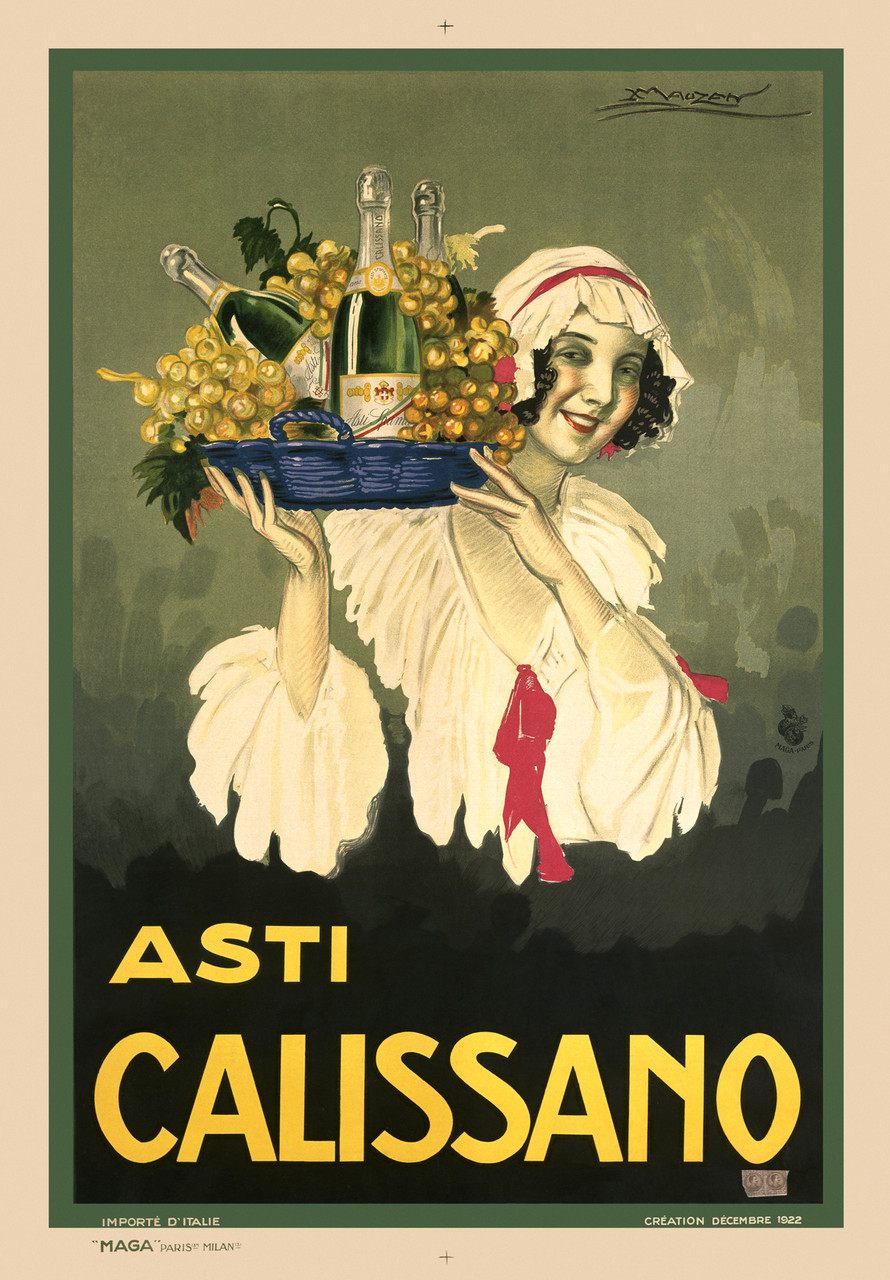 Champagne Asti Calissano by Mauzan 1922 Italian Beautiful Vintage Poster Reproduction. This wine and spirits poster features a woman in a white bonnet carrying a tray of grapes and champagne bottles. Giclee Advertising Print. Classic Posters