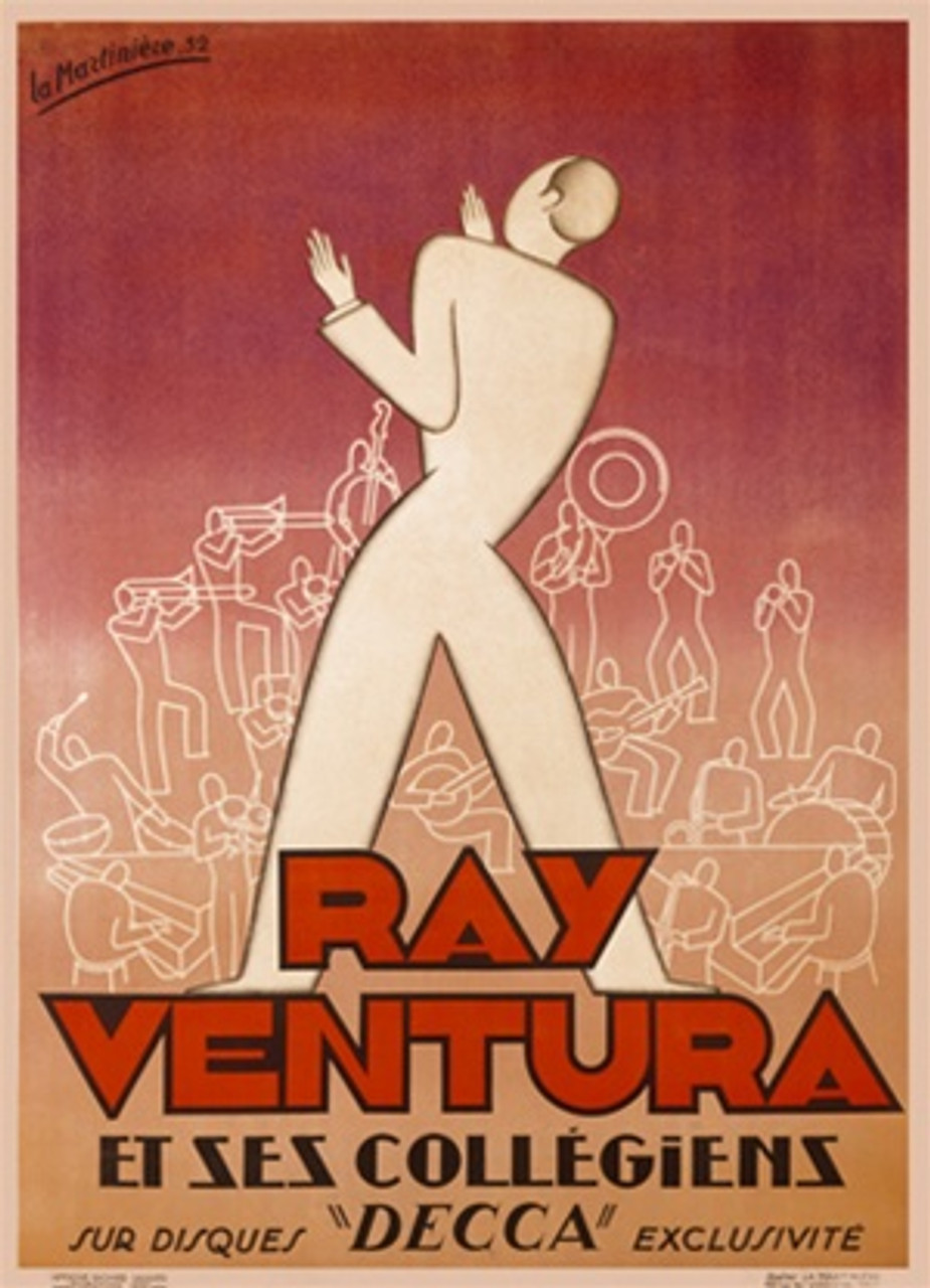 Ray Ventura 1930 France - Beautiful Vintage Poster Reproductions. This vertical French theater and exhibition poster features an outline of a man in white standing in front of a pyramid of musicians. Giclee Advertising Print. Classic Posters