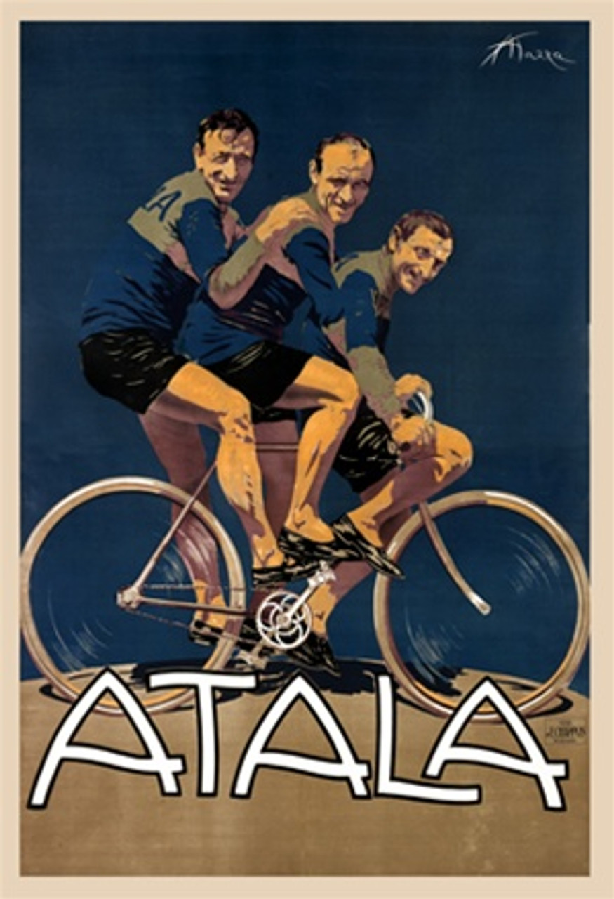 Atala by Mazza 1910 Italy - Beautiful Vintage Poster Reproductions. This vertical Italian transportation poster features 3 cyclists on one bicycle wearing matching jerseys against blue background. Giclee Advertising Print. Classic Posters